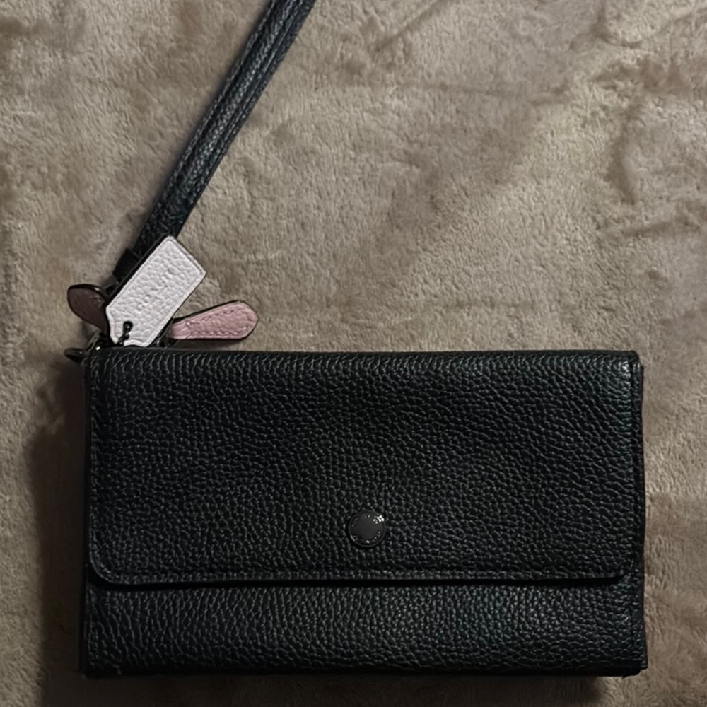 Tri colored Coach Leather Wristlet Wallet Black Pink White